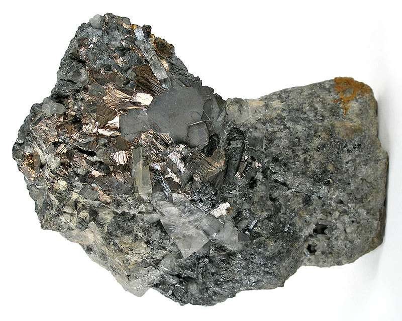 Bismuth specimen Bismuth specimen: silvery white and pinkish iridescent tarnish (yellow, red, blue hues) mineral