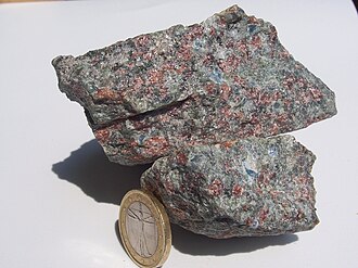 Eclogite specimen: green (omphacite) and red (garnet) metamorphic rock