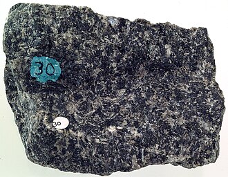 Gabbro specimen: dark gray and black igneous rock